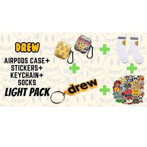 Drew x4 Pack: Airpods Case + Stickers + Keychain + Socks